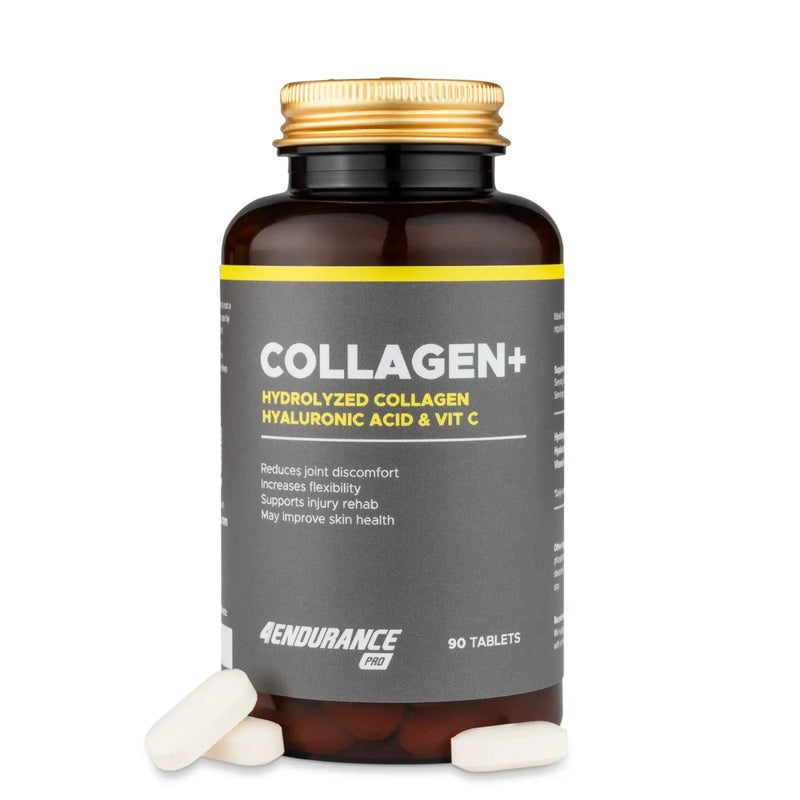 4Endurance Pro Collagen+ - 90 tablets Collagen+, braune Flasche mit goldfarbenem Deckel, weißes Etikett mit gelbem Band auf weißem Hintergrund.