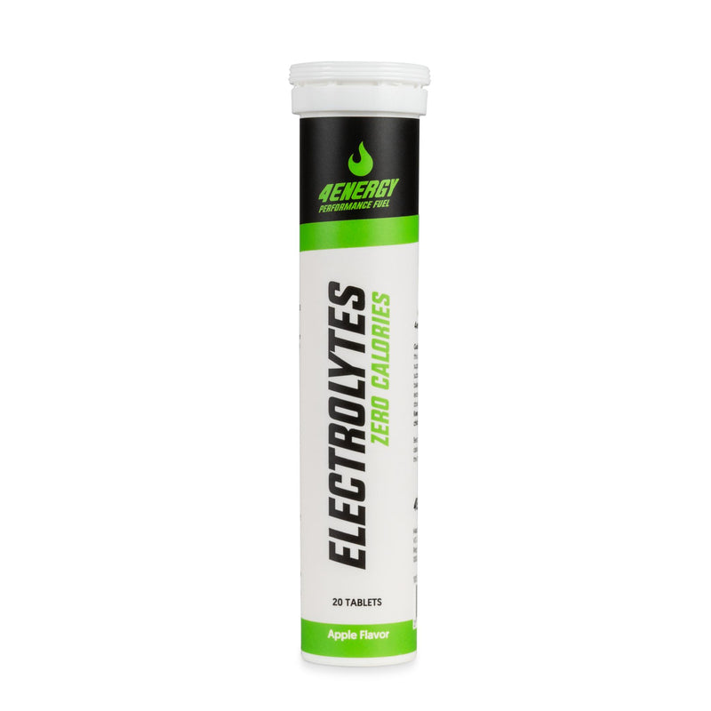 4Energy Electrolytes - 20 Brausetabletten Apfelgeschmack, weiße Tube mit schwarzer und grüner Schrift auf weißem Hintergrund.