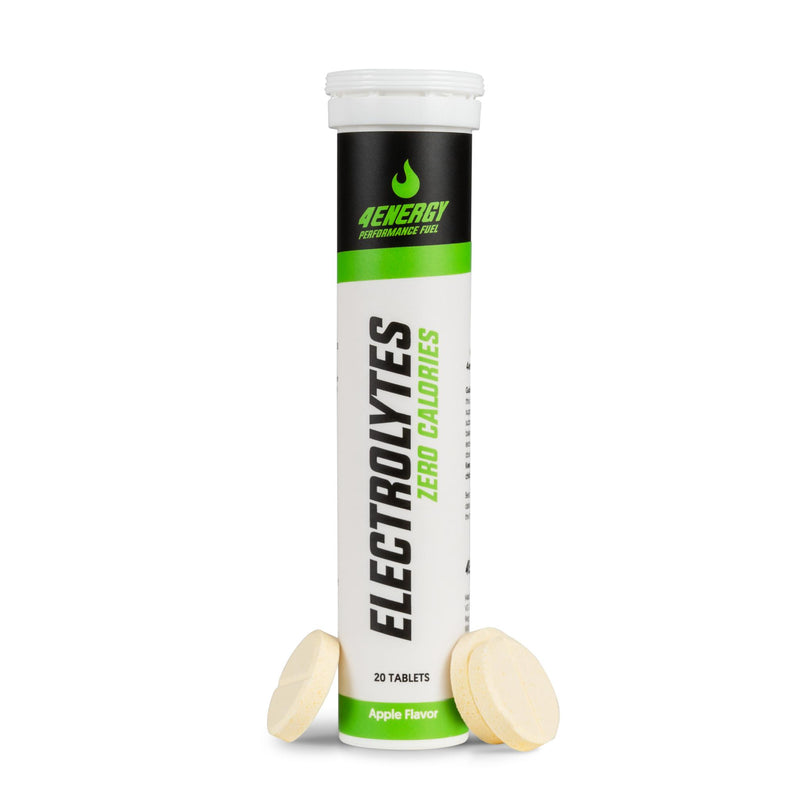 4Energy Electrolytes - 20 Brausetabletten Apfelgeschmack, weiße Tube mit schwarzer und grüner Schrift auf weißem Hintergrund.