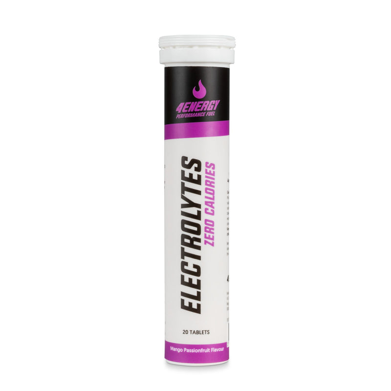 4Energy Electrolytes - 20 Brausetabletten Passionsfruchtgeschmack, Tube mit lila und schwarzem Markenaufdruck auf weißem Hintergrund.