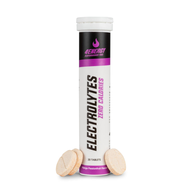 4Energy Electrolytes - 20 Brausetabletten Passionsfruchtgeschmack, Tube mit lila und schwarzem Markenaufdruck auf weißem Hintergrund.
