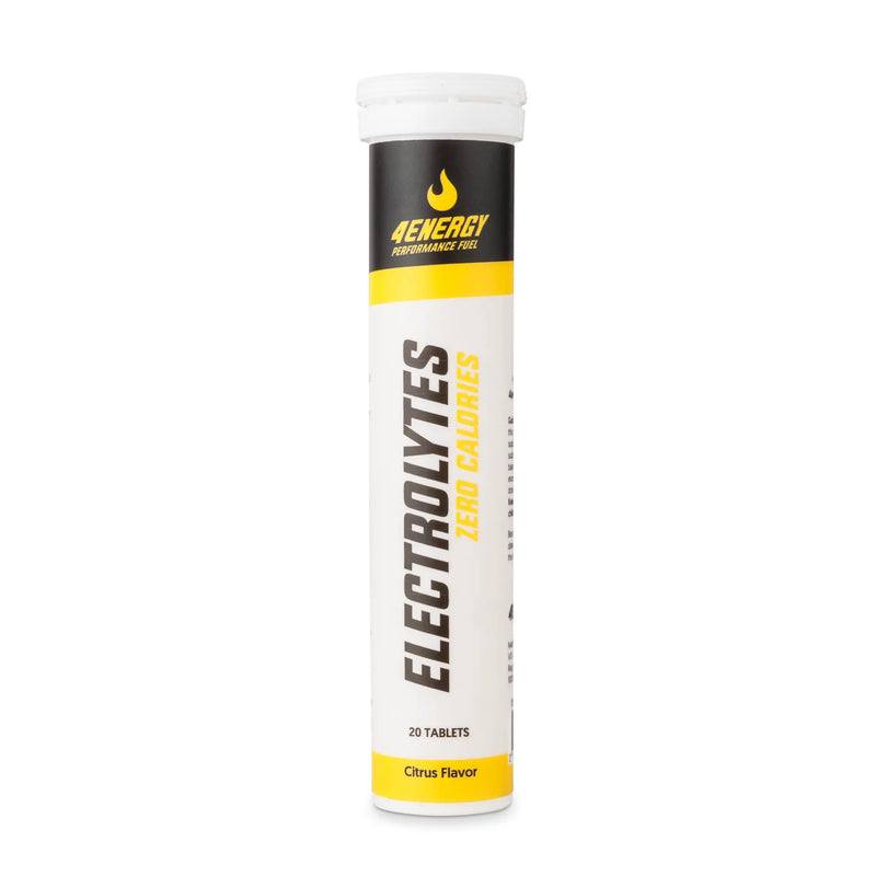 4Energy Electrolytes - 20 Brausetabletten Zitrusgeschmack, weiße Tube mit gelb-schwarzem vertikalem Etikett auf weißem Hintergrund.