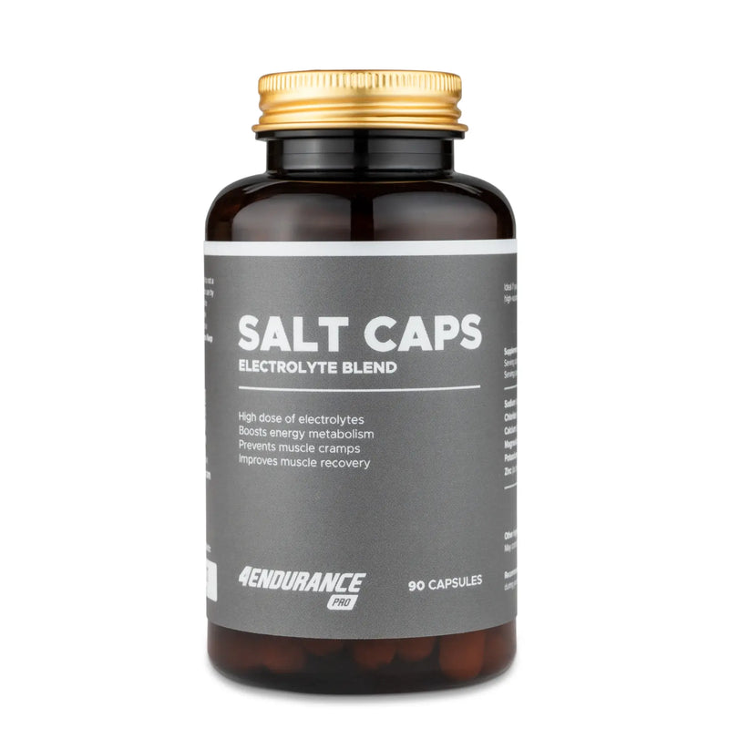 4Endurance Pro Salt Caps - 90 capsules pack, braune Flasche mit goldenem Verschluss und grauem Etikett mit Angaben zu den Vorteilen der Elektrolytmischung.