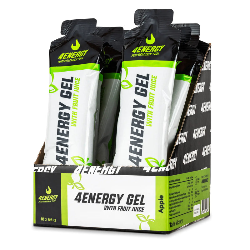 4Energy 4Energy Gel Box - 18 x 66 g Apfelgeschmack, grün-weiße Verpackung mit Blattillustrationen und Nährwertangaben.