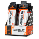 4Energy 4Energy Gel Box - 18 x 66 g Orangengeschmack, offene Schachtel mit orangefarbenen und schwarzen Energy-Gel-Päckchen mit Sonnenstrahlen- und Blättermuster.