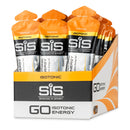 SIS GO Isotonic Energy Gel Box - 30 x 60 ml Tropengeschmack, Päckchen mit orangefarbenen Verschlusskappen in Markenbox auf weißem Hintergrund.
