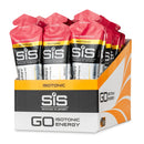 SIS GO Isotonic Energy Gel Box - 30 x 60 ml Rosa-Grapefruitgeschmack, Studioaufnahme von Päckchen mit rosa Verschlusskappen in orangefarbener Spenderbox.