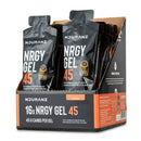 Nduranz Nrgy Gel 45 Box - 16 x 75 g Orangengeschmack, schwarze und orangefarbene Verpackung in Karton-Displaybox auf weißem Hintergrund.