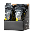 Nduranz Nrgy Gel 45 Box - 16 x 75 g Zitronengeschmack, schwarze und orangefarbene Verpackung in Karton-Displaybox auf weißem Hintergrund.