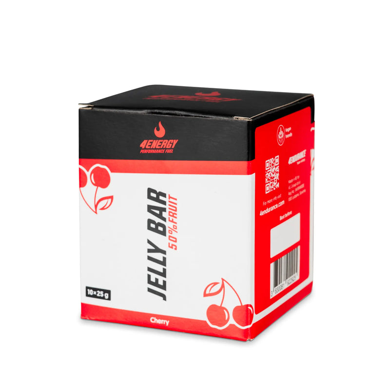 4Energy Jelly Bar Box - 10 x 25 g Kirschgeschmack, isolierte Verpackungsaufnahme mit rot-weißem Design und Kirschillustration.