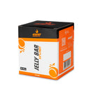 4Energy Jelly Bar Box - 10 x 25 g Orangengeschmack, schwarz-orange Schachtel mit schräg gestellter Vorder- und Seitenansicht auf weißem Hintergrund.