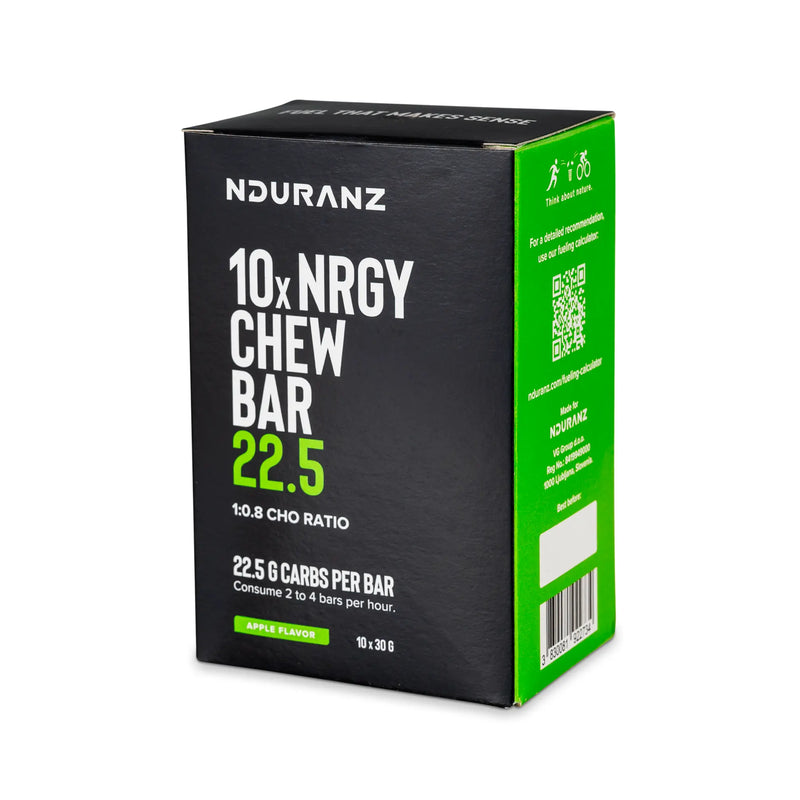 Nduranz Nrgy Chew Bar 22.5 Box - 10 x 30 g Apfelgeschmack, schräg gestellte schwarz-grüne Schachtel mit Markenlogo, Nährwertangaben und sichtbarem QR-Code.