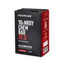 Nduranz Nrgy Chew Bar 22.5 Box - 10 x 30 g Colageschmack, schräg gestellte schwarz-grüne Schachtel auf weißem Hintergrund mit Vorder- und Seitenansicht.