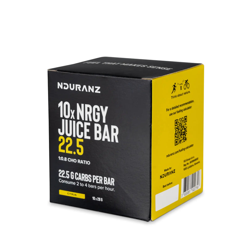 Nduranz Nrgy Juice Bar 22.5 Box - 10 x 28 g Zitrusgeschmack, schwarze Schachtel mit einem einzelnen Riegelpäckchen auf weißem Hintergrund.
