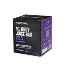 Nduranz Nrgy Juice Bar 22.5 Box - 10 x 28 g Schwarze-Johannisbeerengeschmack, Schachtel und Einzelpäckchen mit sichtbarem Markenaufdruck auf weißem Hintergrund.