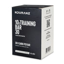 Nduranz Training Bar 30 Box - 10 x 45g weiße Schokolade mit Zimt-Geschmack, schwarz-weiße Box mit QR-Code und Sport-Icons.