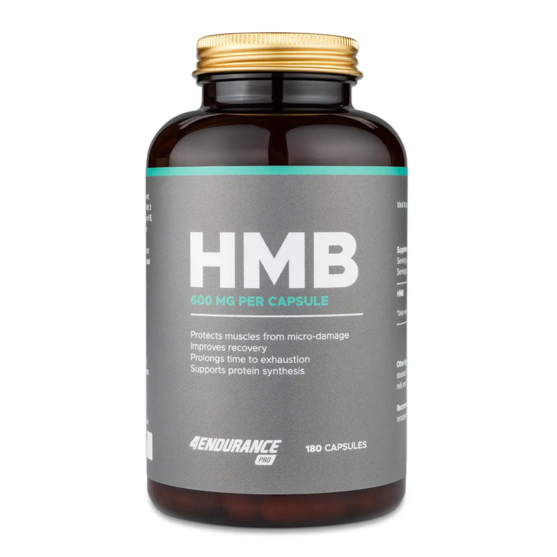 4Endurance Pro HMB - 180 Kapseln, dunkelbraune Flasche mit gold‑metallischem Deckel und markantem weiß‑türkisfarbenem Etikett auf weißem Hintergrund.