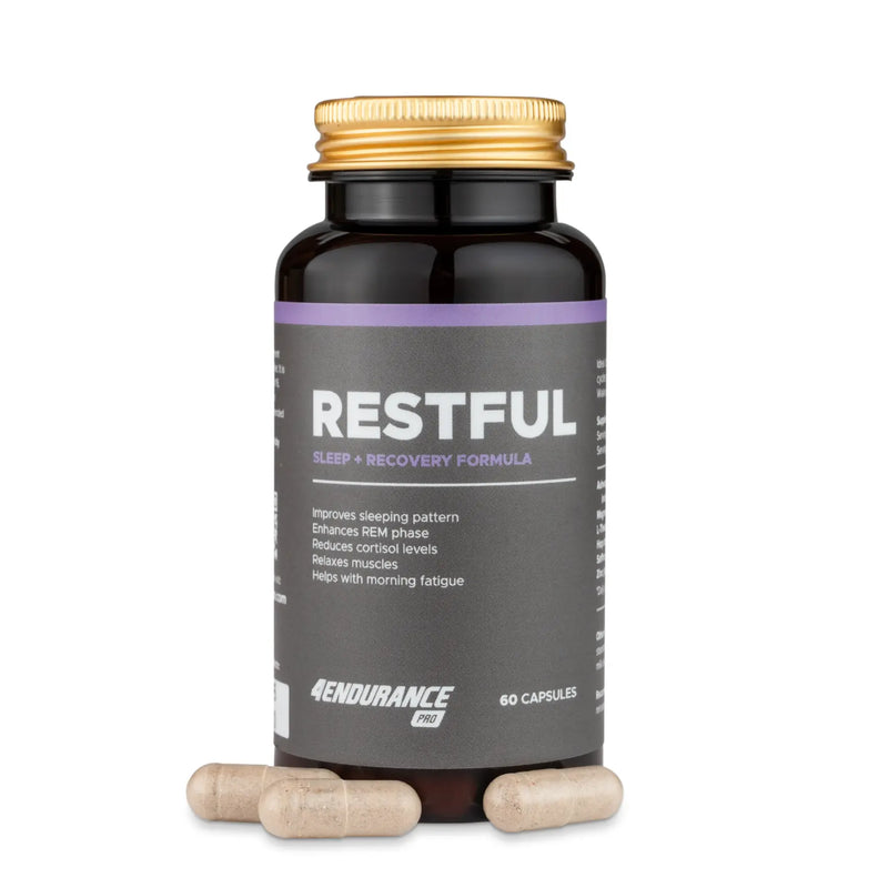 4Endurance Pro Restful - 60 Kapseln Schlafformel, dunkelbraune Flasche mit goldfarbenem Verschluss und lila-grauem Etikett auf weißem Hintergrund.