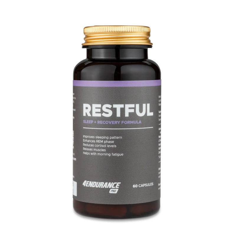 4Endurance Pro Restful - 60 Kapseln Schlafformel, dunkelbraune Flasche mit goldfarbenem Verschluss und lila-grauem Etikett auf weißem Hintergrund.