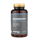 4Endurance Pro Magnesium+ - 90 capsules pack, braune Flasche mit goldfarbenem Verschluss und schwarz-blauem Etikett mit sichtbaren Kapseln.