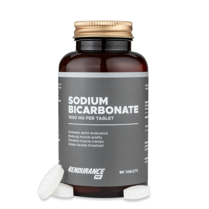 4Endurance Pro Sodium Bicarbonate - 90 Tablettenpackung, braune Flasche mit goldener Kappe auf weißem Hintergrund mit Beschriftung auf dem Etikett.