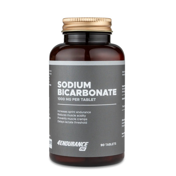 4Endurance Pro Sodium Bicarbonate - 90 Tablettenpackung, braune Flasche mit goldener Kappe auf weißem Hintergrund mit Beschriftung auf dem Etikett.