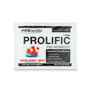 PES Single Serving Prolific – 7 g Melon Berry Twist Geschmack, Pre-Workout Pulver Beutel auf weißem Hintergrund mit Fruchtillustration.