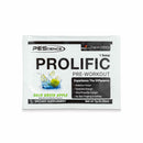 PES Single Serving Prolific – 7 g sauer grüner Apfel Geschmack, Beutel mit grünem Apfel Splash, PEScience Logo und Vorteilstext auf weißem Hintergrund.