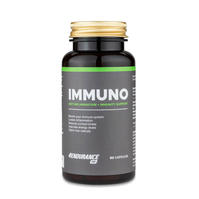 4Endurance Pro Immuno - 60 Kapseln, braune Flasche mit goldener Kappe und grünem Etikettband auf weißem Hintergrund, Text zur Immununterstützung.