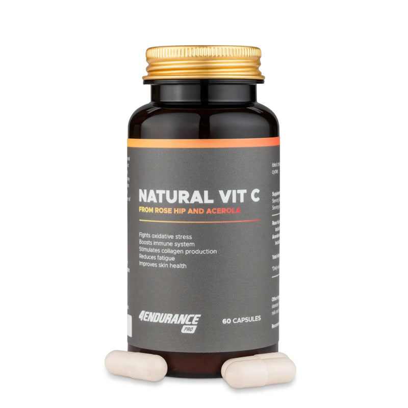 4Endurance Pro Natural Vitamin C - 60 Kapseln Packung, Flasche mit goldenem Verschluss, Etikett mit Gesundheitsvorteilen, schwarz-goldenes Design.