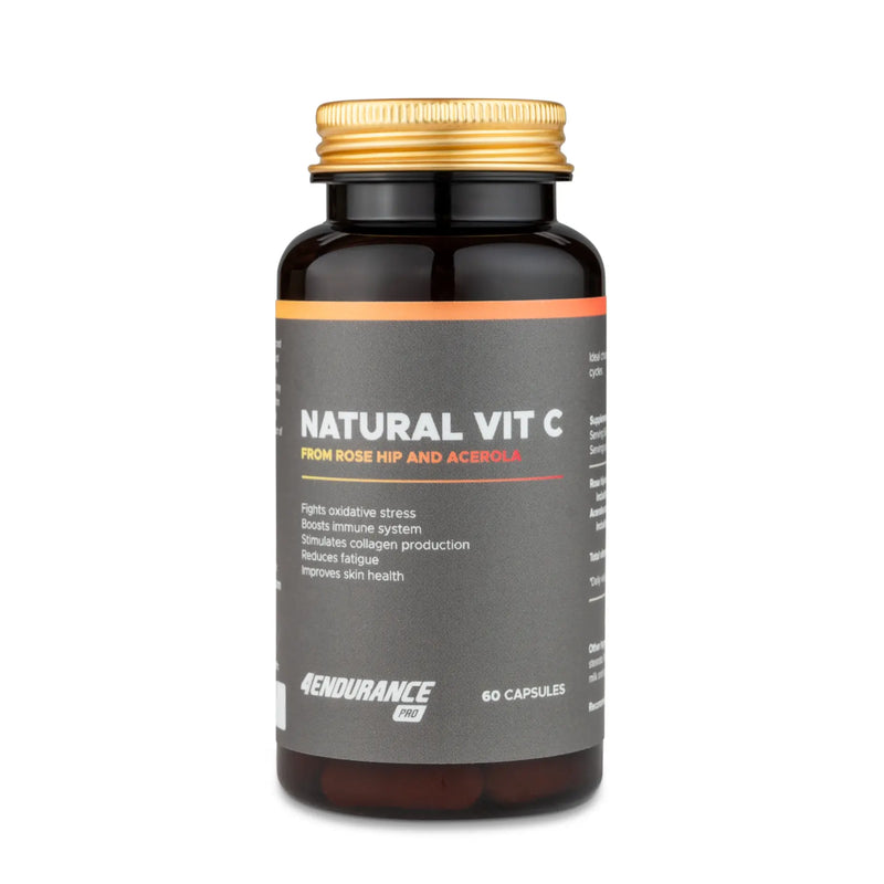 4Endurance Pro Natural Vitamin C - 60 Kapseln Packung, Flasche mit goldenem Verschluss, Etikett mit Gesundheitsvorteilen, schwarz-goldenes Design.