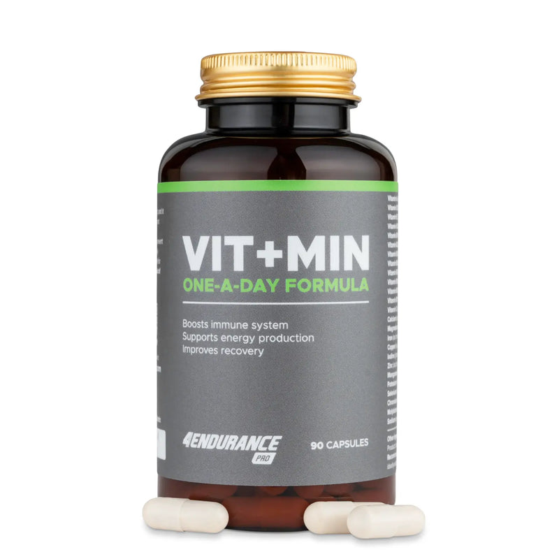 4Endurance Pro Vit+Min - 90 Kapseln, braune Flasche mit goldener Kappe, graues Etikett mit grüner und weißer Schrift auf weißem Hintergrund.