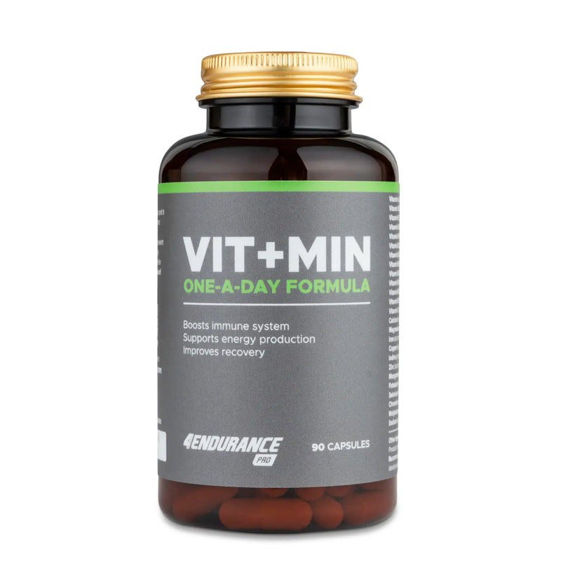 4Endurance Pro Vit+Min - 90 Kapseln, braune Flasche mit goldener Kappe, graues Etikett mit grüner und weißer Schrift auf weißem Hintergrund.