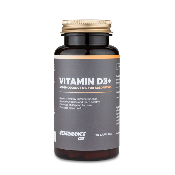 4Endurance Pro Vitamin D3+ - 90 Kapseln, dunkelbernsteinfarbene Kunststoffflasche mit goldener Kappe, graues Etikett mit den Vorteilen des Nahrungsergänzungsmittels.